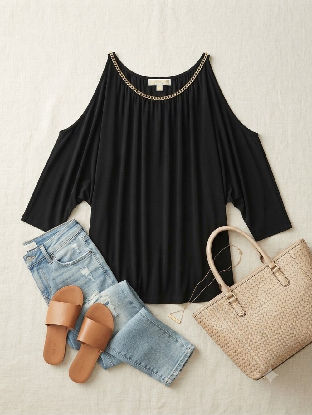 Michael Kors Cold Shoulder Gold Chain Neckline Blouse